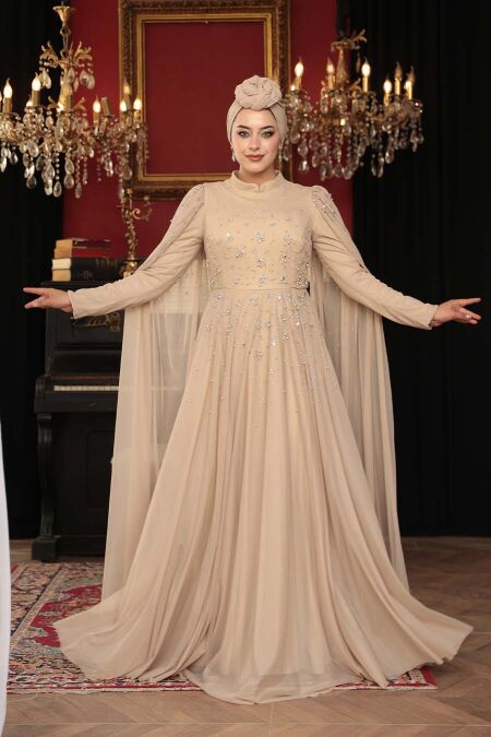 Modest Evening Dress - Bead Detailed Cape Mink Modest Evening Dress 53141V - NEVA STYLE