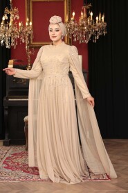 Modest Evening Dress - Bead Detailed Cape Mink Modest Evening Dress 53141V - 4