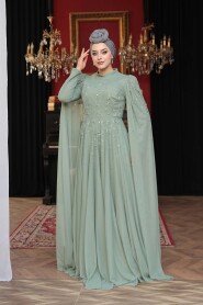 Modest Evening Dress - Bead Detailed Cape Mint Modest Evening Dress 53141MINT - 3
