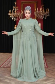 Modest Evening Dress - Bead Detailed Cape Mint Modest Evening Dress 53141MINT - 2