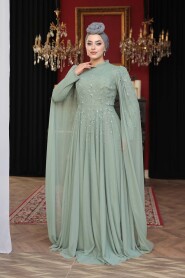 Modest Evening Dress - Bead Detailed Cape Mint Modest Evening Dress 53141MINT - 1