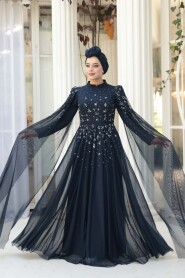 Modest Evening Dress - Bead Detailed Cape Navy Modest Evening Dress 53141L - 3