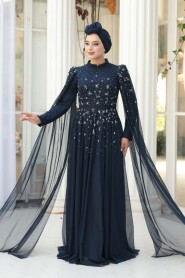 Modest Evening Dress - Bead Detailed Cape Navy Modest Evening Dress 53141L - 1