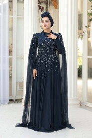 Modest Evening Dress - Bead Detailed Cape Navy Modest Evening Dress 53141L - 4