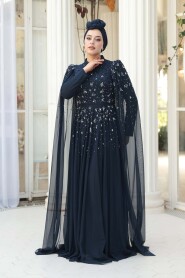 Modest Evening Dress - Bead Detailed Cape Navy Modest Evening Dress 53141L - 5