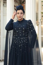 Modest Evening Dress - Bead Detailed Cape Navy Modest Evening Dress 53141L - 6