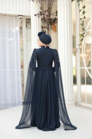 Modest Evening Dress - Bead Detailed Cape Navy Modest Evening Dress 53141L - 7