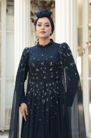 Modest Evening Dress - Bead Detailed Cape Navy Modest Evening Dress 53141L - 2