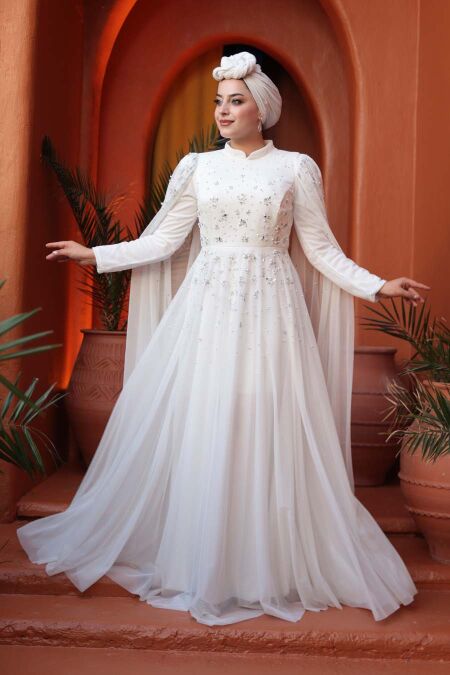 Modest Evening Dress - Bead Detailed Cape White Modest Evening Dress 53141B - NEVA STYLE
