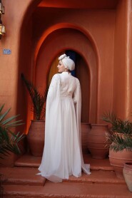 Modest Evening Dress - Bead Detailed Cape White Modest Evening Dress 53141B - 4