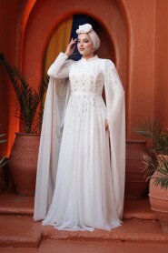 Modest Evening Dress - Bead Detailed Cape White Modest Evening Dress 53141B - 2