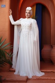 Modest Evening Dress - Bead Detailed Cape White Modest Evening Dress 53141B - 3