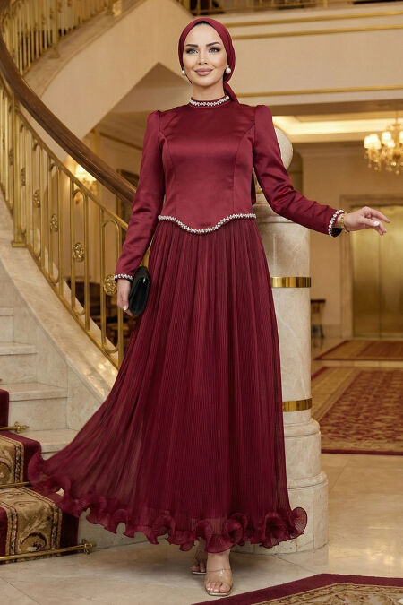 Modest Evening Dress - Bead Detailed Claret Red Modest Evening Dress 54981BR - 