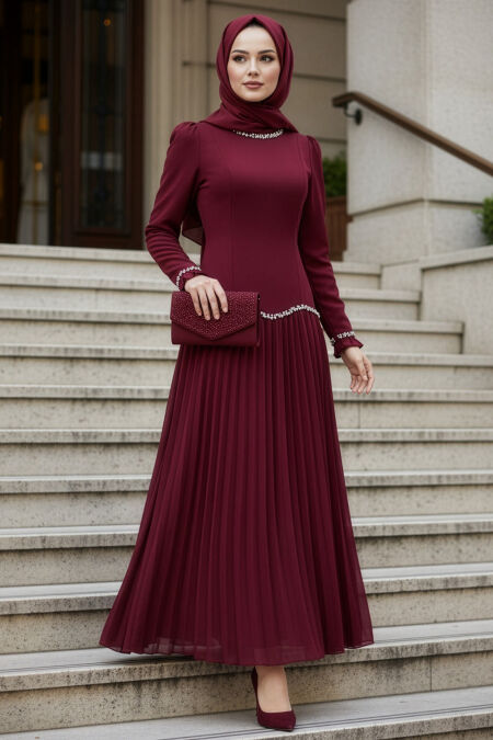 Modest Evening Dress - Bead Detailed Claret Red Modest Evening Dress 55212BR - 