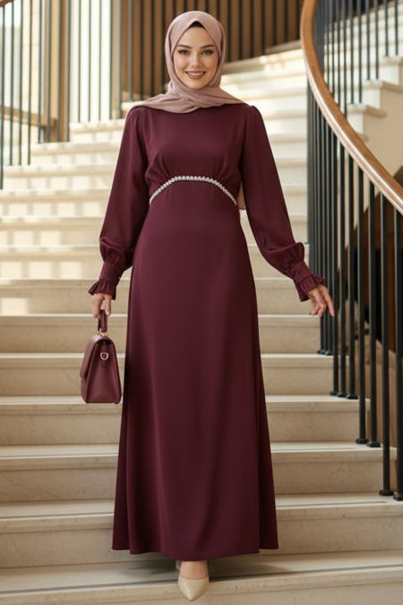 Modest Evening Dress - Bead Detailed Dark Claret Red Modest Satin Evening Dress 62471KBR - 