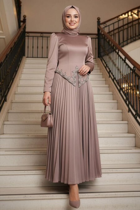 Modest Evening Dress - Bead Detailed Dark Mink Modest Evening Dress 55141KV - 