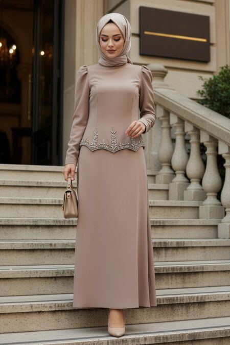 Modest Evening Dress - Bead Detailed Detailed Mink Modest Evening Dress 54191V - 