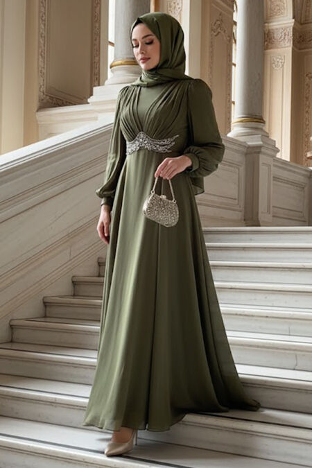 Modest Evening Dress - Bead Detailed Khaki Modest Evening Dress 4876HK - 