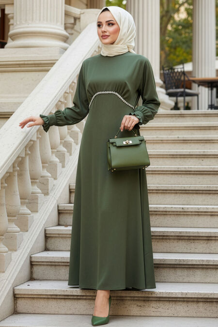 Modest Evening Dress - Bead Detailed Khaki Modest Satin Evening Dress 62471HK - 