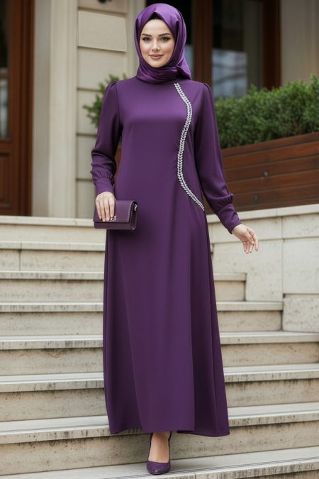 Modest Evening Dress - Bead Detailed Lilac Modest Satin Evening Dress 62281LILA - NEVA STYLE