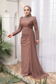 Modest Evening Dress - Bead Detailed Mink Modest Evening Dress 54301V - 1