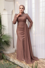 Modest Evening Dress - Bead Detailed Mink Modest Evening Dress 54301V - 2