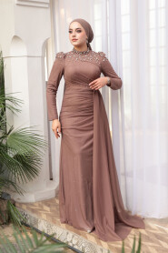 Modest Evening Dress - Bead Detailed Mink Modest Evening Dress 54301V - 3