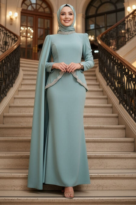 Modest Evening Dress - Bead Detailed Mint Modest Evening Dress 54341MINT - 