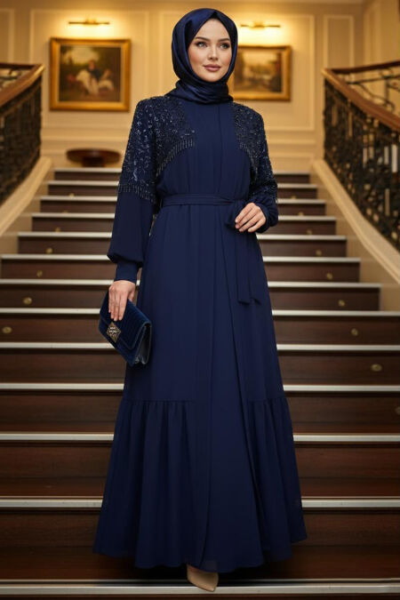 Modest Evening Dress - Bead Detailed Navy Blue Modest Evening Dress 48201L - 