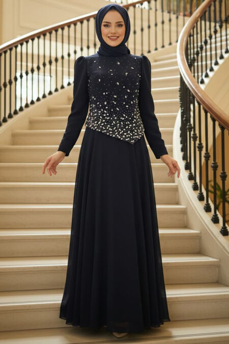 Modest Evening Dress - Bead Detailed Navy Blue Modest Evening Dress 4832L - 