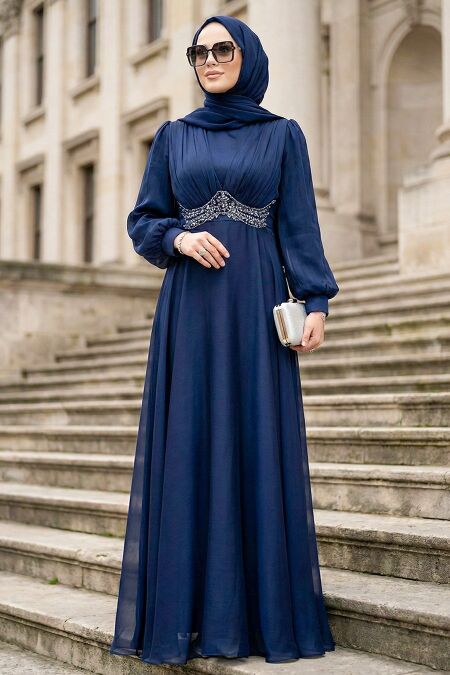 Modest Evening Dress - Bead Detailed Navy Blue Modest Evening Dress 4876L - 