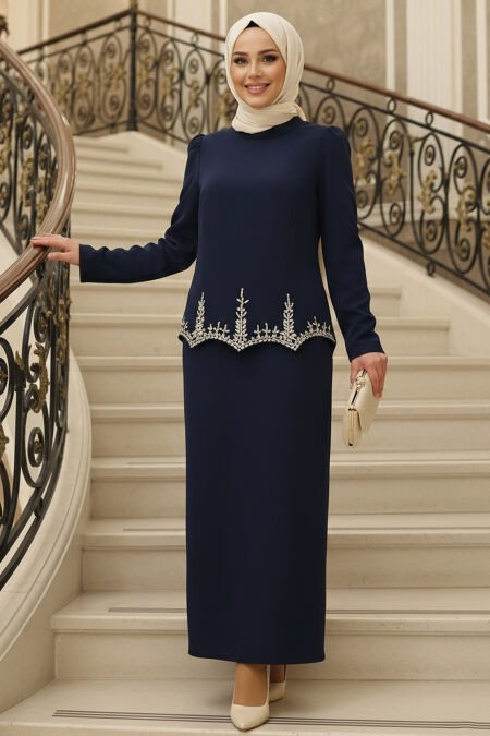 Modest Evening Dress - Bead Detailed Navy Blue Modest Evening Dress 54191L - 