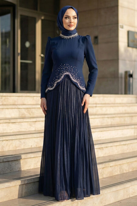 Modest Evening Dress - Bead Detailed Navy Blue Modest Evening Dress 54361L - 