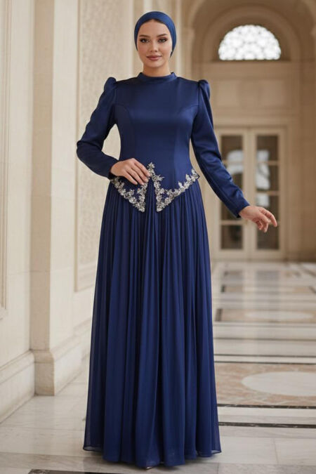 Modest Evening Dress - Bead Detailed Navy Blue Modest Evening Dress 55141L - 