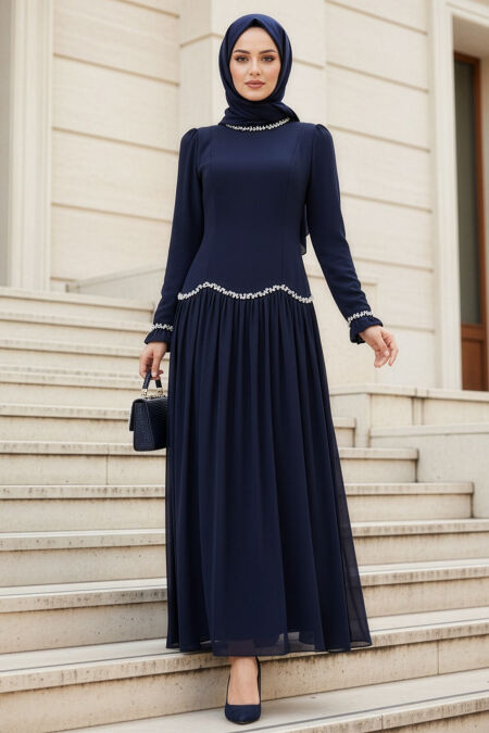Modest Evening Dress - Bead Detailed Navy Blue Modest Evening Dress 55212L - 