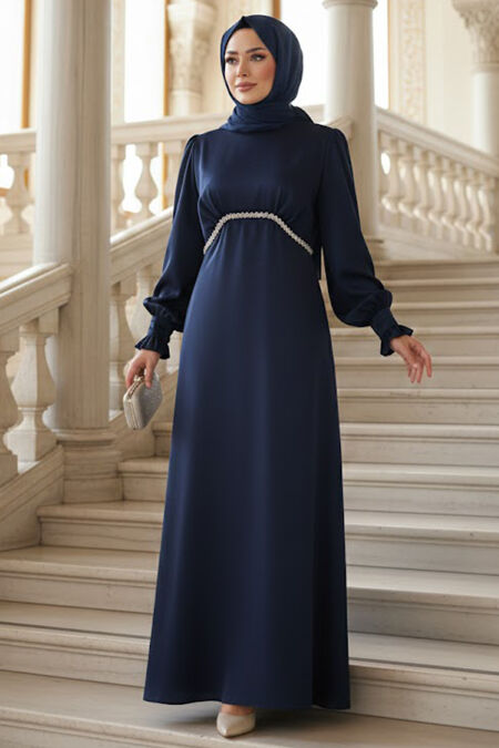 Modest Evening Dress - Bead Detailed Navy Blue Modest Satin Evening Dress 62471L - 