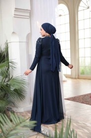 Modest Evening Dress - Bead Detailed Navy Blue Modest Evening Dress 54301L - 3