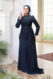 Modest Evening Dress - Bead Detailed Navy Blue Modest Evening Dress 54301L - 2