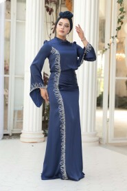 Modest Evening Dress - Bead Detailed Navy Satin Modest Evening Dress 53361L - 2