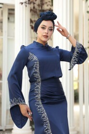 Modest Evening Dress - Bead Detailed Navy Satin Modest Evening Dress 53361L - 4