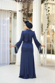 Modest Evening Dress - Bead Detailed Navy Satin Modest Evening Dress 53361L - 5