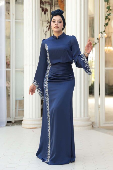 Modest Evening Dress - Bead Detailed Navy Satin Modest Evening Dress 53361L - NEVA STYLE