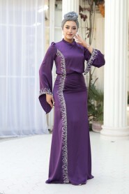Modest Evening Dress - Bead Detailed Purple Satin Modest Evening Dress 53361MOR - 2