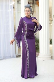 Modest Evening Dress - Bead Detailed Purple Satin Modest Evening Dress 53361MOR - 1