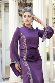 Modest Evening Dress - Bead Detailed Purple Satin Modest Evening Dress 53361MOR - 3