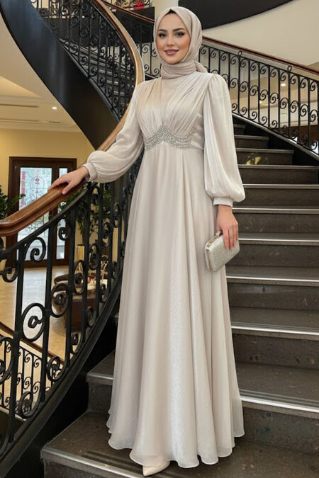 Modest Evening Dress - Bead Detailed Stone Modest Evening Dress 4876TAS - 