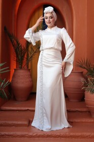 Modest Evening Dress - Bead Detailed White Satin Modest Evening Dress 53361B - 2