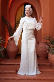 Modest Evening Dress - Bead Detailed White Satin Modest Evening Dress 53361B - 1