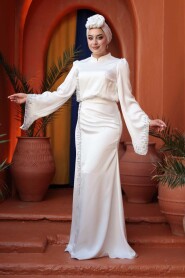 Modest Evening Dress - Bead Detailed White Satin Modest Evening Dress 53361B - 3
