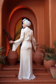 Modest Evening Dress - Bead Detailed White Satin Modest Evening Dress 53361B - 4